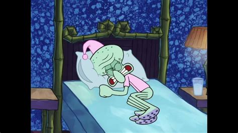 spongebob and squidward in bed|squidward trying to sleep.